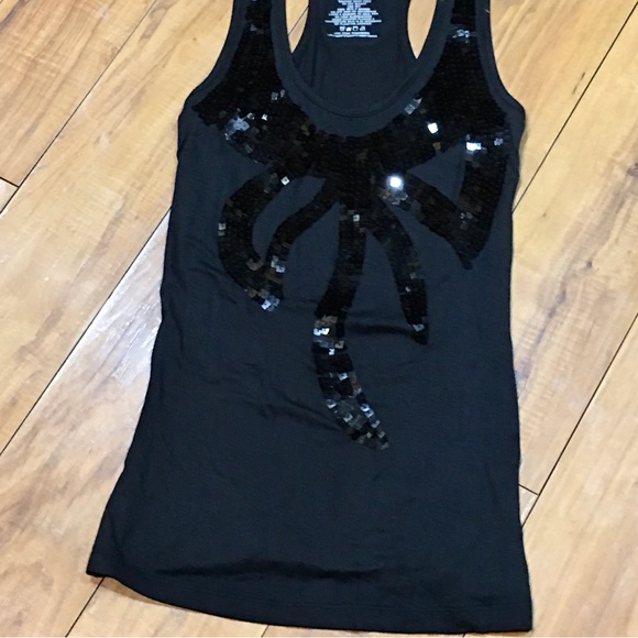 Tank top shirt blouse black sequin bling bow small summer sleeveless - Picture 4 of 4